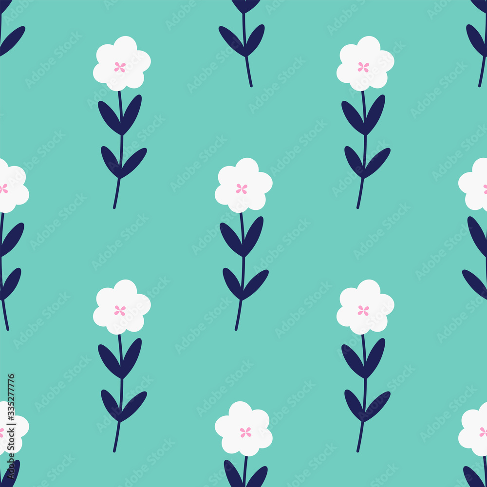 Cute flowers seamless repeat vector pattern for wrapping paper,wallpaper,fabrics,prints.White flowers on green background.