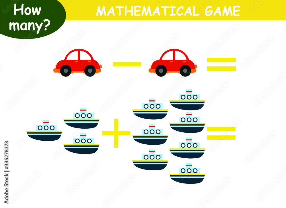 examples of addition and subtraction with cars. educational page with mathematical examples for children.