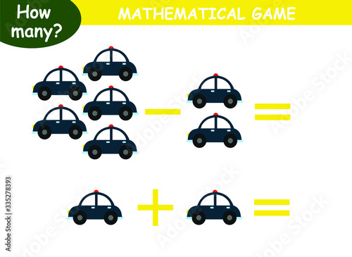 examples of addition and subtraction with cars. educational page with mathematical examples for children.
