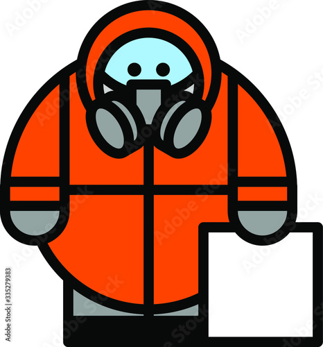 Man wearing orange protective suit and respirator, holding empty tablet