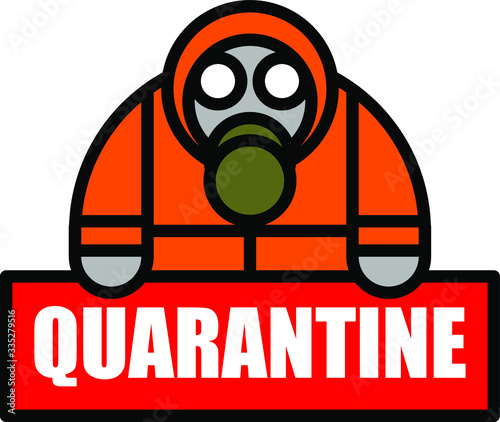 Man wearing orange protective suit and gas mask, holding warning sign