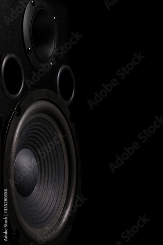 Audio speakers multimedia system, loudspeaker box close up photo