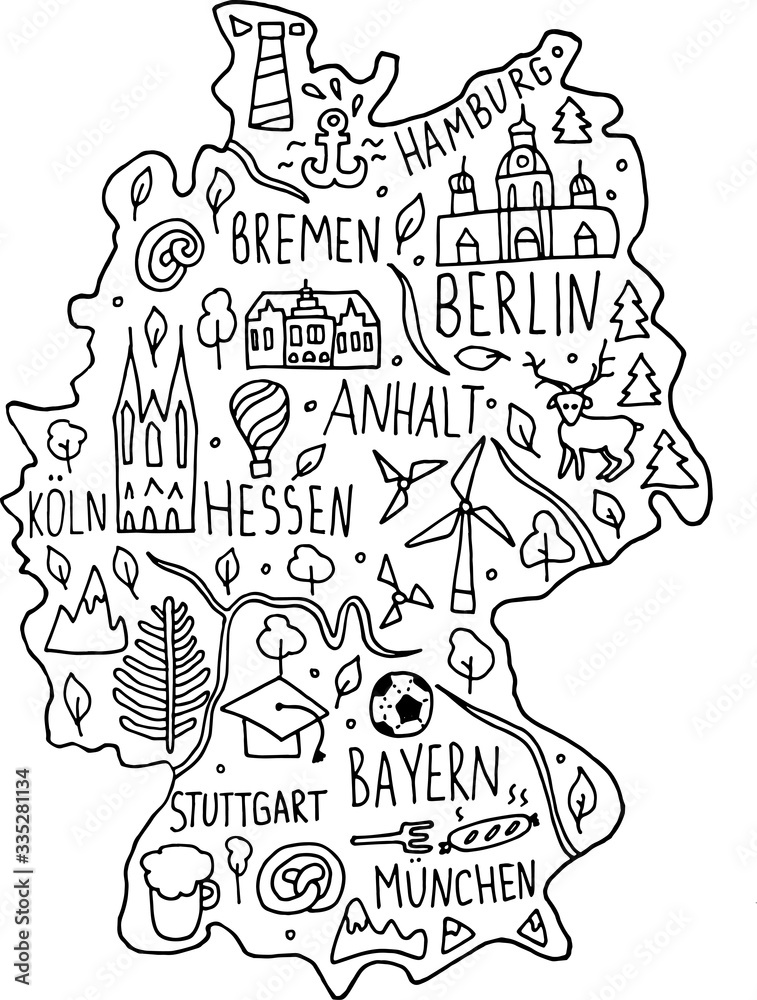 Hand drawn doodle German map. German city names lettering and cartoon landmarks,