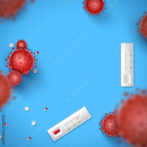 Coronavirus Express Testing card with blank space for your creativity. Covid-19 rapid tests and 3d red virus cells on blue background. Coronavirus disease 2019, Vector illustration design
