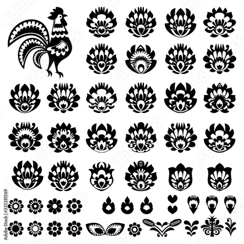 Polish folk art Wycinanki Lowickie vector design elements - monochrome flower, rooster, leaves. Perfect for textile patterns or greeting cards
