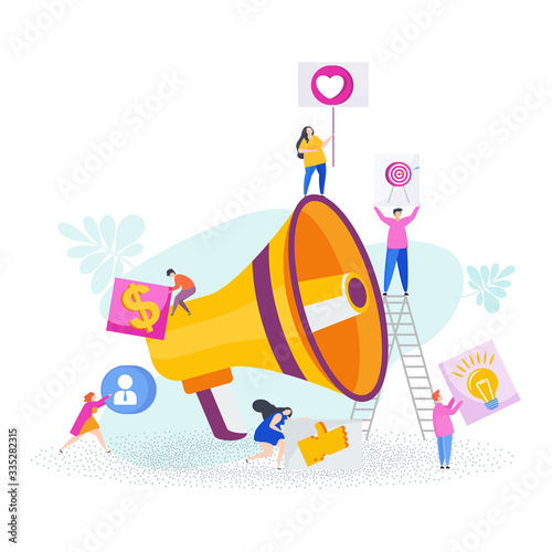 Advertising business concept. Tiny people near a huge megaphone.