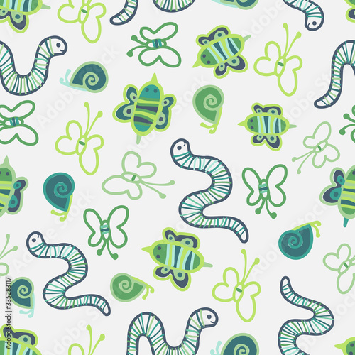 Seamless vector pattern with decorative colorful insects worms butterfly snails in green tones. The design is perfect for children clothes, wallpaper, stationary, sheets as well as for wrapping paper