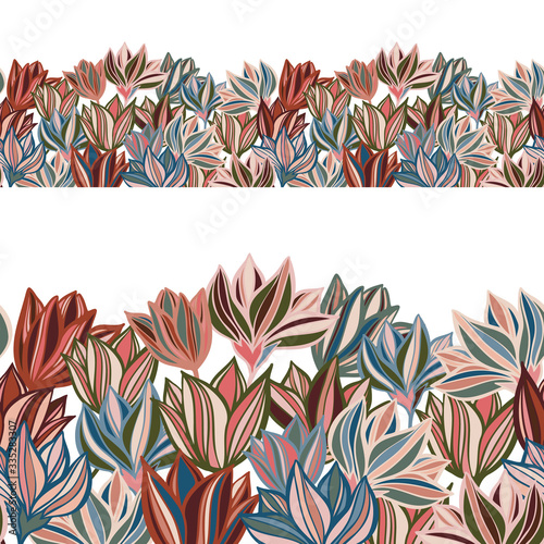 Seamless vector border horizontal lines with abstract big and small scale flowers on white background. The design is perfect for decorations, photo frames, invitations, surface design and textiles.