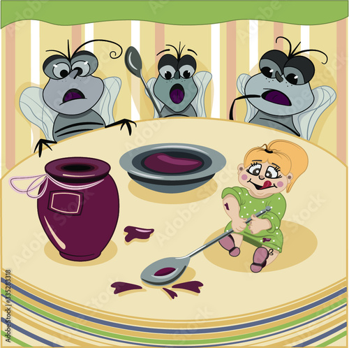 A little girl stole jam from a fly. Funny hand drawn flat vector iilustration for children.