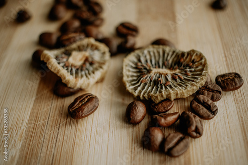 dried kiwi with coffee beans