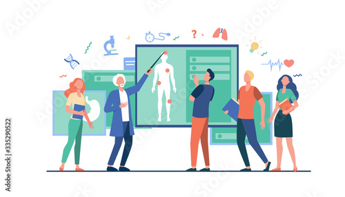 Senior professor lecturing students group in classroom. Grey haired doctor pointing at body silhouette, explaining human anatomy. Vector illustration for education, conference, class, medicine concept