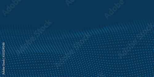 Abstract blue light wave dot surface pattern on dark background.