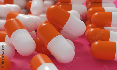 Capsule medicine pills, health pharmacy concept. Drugs for treatment medication. Heap of orange white color capsules on pink background. 3d illustration