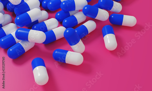 Capsule medicine pills, health pharmacy concept. Drugs for treatment medication. Heap of blue white color capsules on pink background. 3d illustration