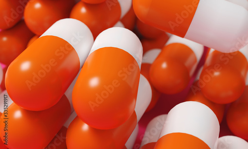 Capsule medicine pills, health pharmacy concept. Drugs for treatment medication. Heap of orange white color capsules on pink background. 3d illustration