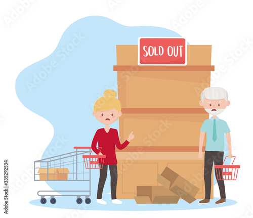 worried old man and woman with empty shelf and boxes, excess purchase