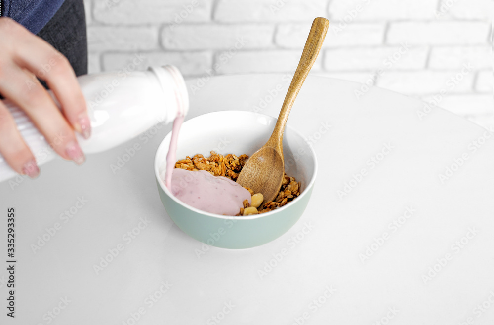 breakfast. healthy eating. food. Whole grain porridge with yogurt, nuts and bananas.