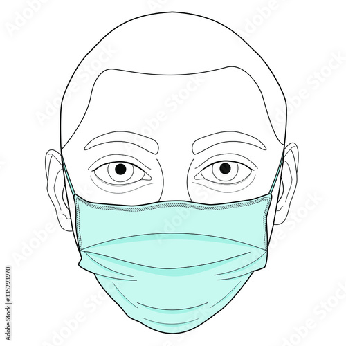 Vector illustration of black line hand drawn man wearing blue surgical mask isolated on white background. Industrial safety N95 mask, breathing medical respiratory mask