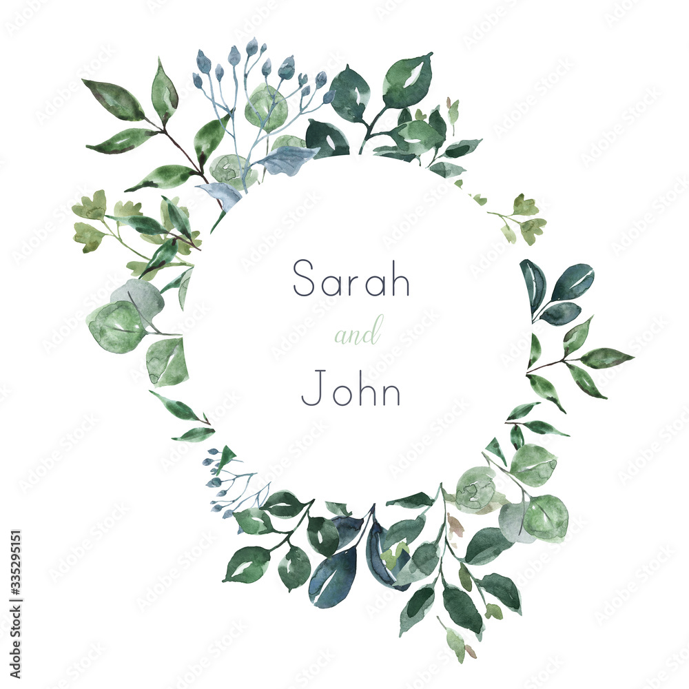 Boho style round floral frame with sage watercolor greenery, isolated