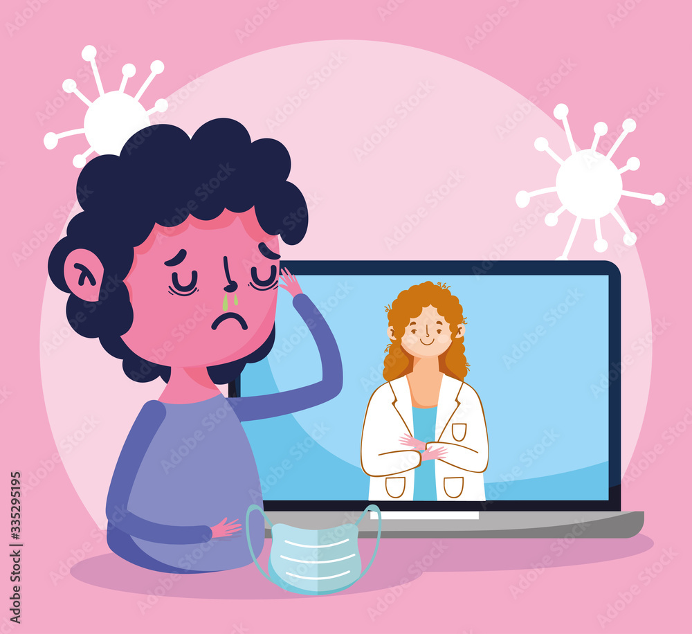online doctor, patient running nose female professional in laptop covid 19 online doctor, patient running nose female professional in laptop covid 19