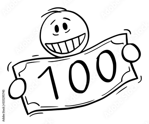 Vector illustration of man, politician or businessman holding and showing big money banknote or bill.