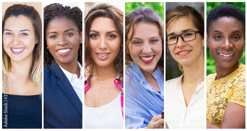 Happy multinational ladies portrait set. Smiling positive young women of different races multiple shot collage. Human emotions concept