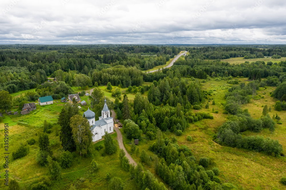 Aerial view of the Paraskeva Church in Mshentsi. Tver region, Russia