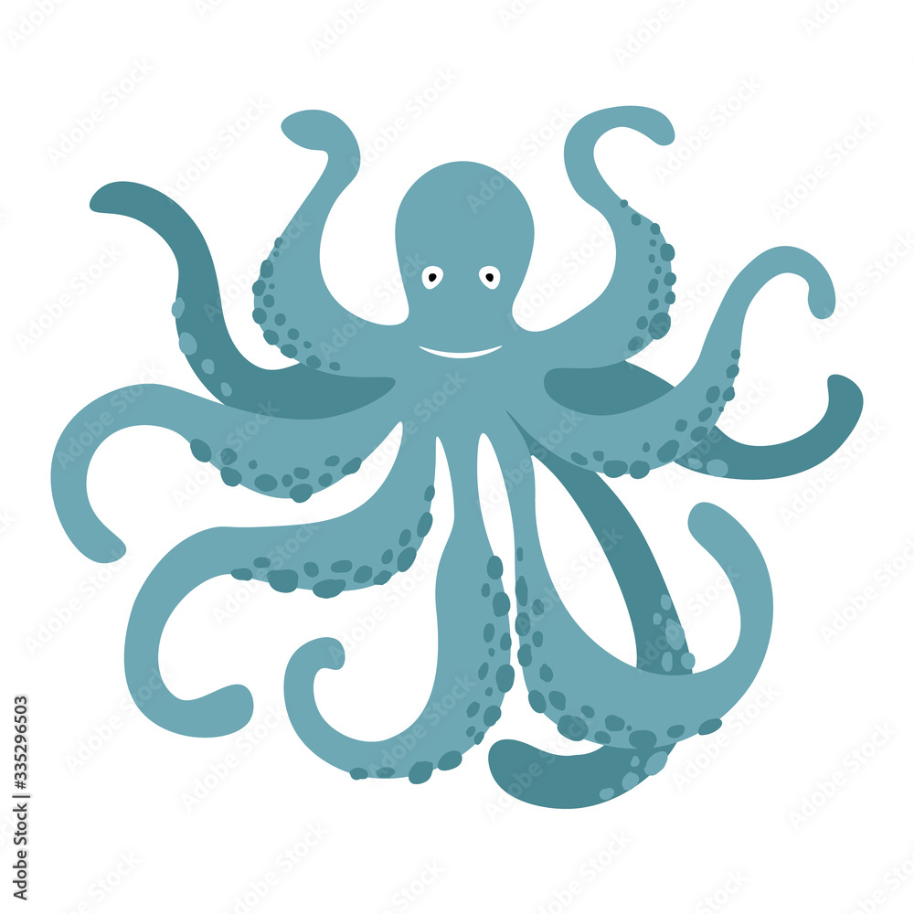 Naklejka premium Vector cute cartoon blue octopus isolated on white background. Vector illustration EPS.10
