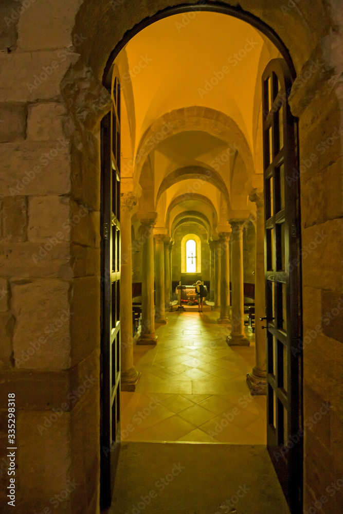 View of the crypt of the Romanesque cathedral of Trani in Puglia, Italy.