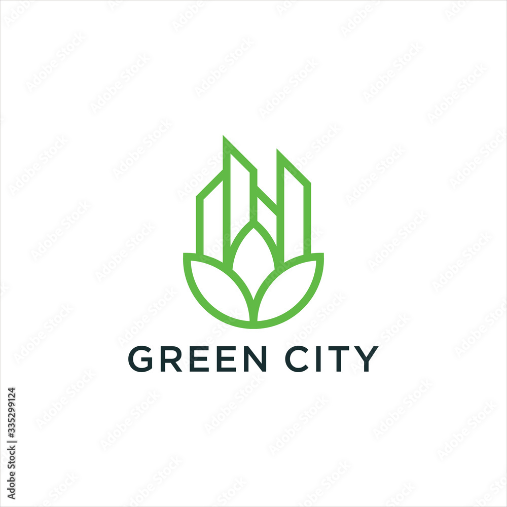 green city logo with green leaf and buliding green city logo with green leaf and buliding