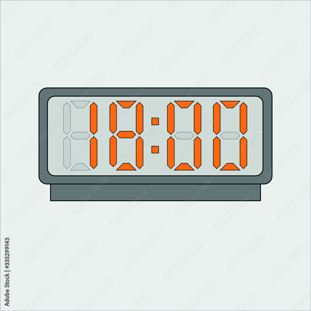 Vector image or picture of digital clock or alarm with orange figures watching time on the light grey background. Eighteen hours o'clock Vector image or picture of digital clock or alarm with orange figures watching time on the light grey background. Eighteen hours o'clock