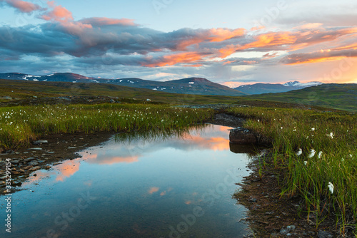 Beautiful mountain pond at sunset, Sweden.