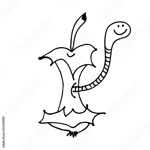 Cartoon worm in apple core, hand drawn vector illustration isolated on white background