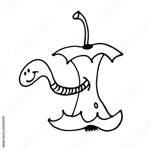 Cartoon worm in apple core, hand drawn vector illustration isolated on white background