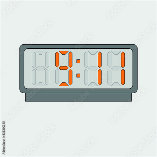 Vector image or picture of digital clock or alarm with orange figures showing time on the light grey background. Eleven minutes after nine
