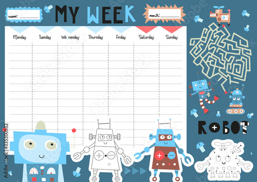 Weekly planner with funny robots and transformers in doodle cartoon style. Included mini games - maze, dot to dot, coloring page. Kids schedule design template. Vector illustration.