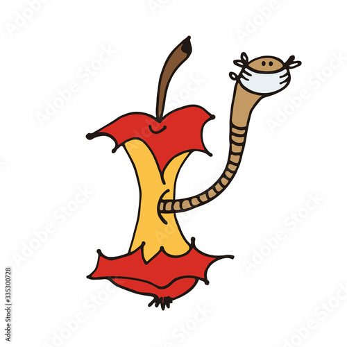 Cartoon worm in apple core in face mask in self-isolation, hand drawn color vector illustration isolated on white background