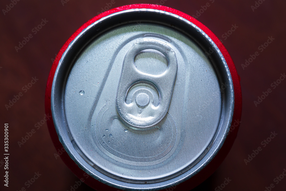Top of red open soda can,opened red can with droplet water look like very cool. Top of red open soda can,opened red can with droplet water look like very cool.