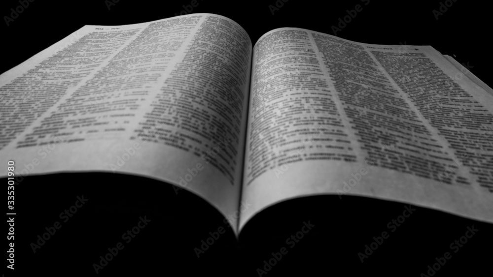 Fototapeta premium Book opened blurred black and white photo. dark background