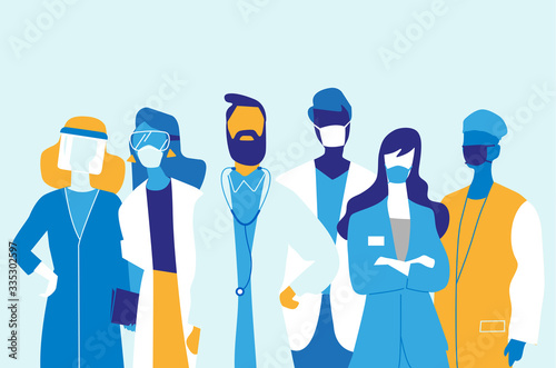 Squadra di medici e infermieri uomini e donne che indossano le mascherine	

