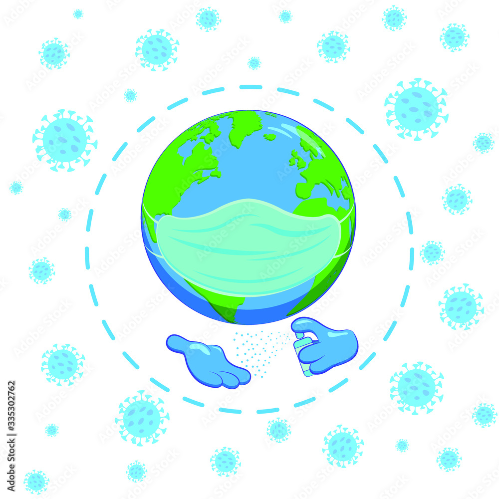 Planet Earth is fighting the coronavirus. In a medical mask, a hand sanitizer is transformed into hands. Vector illustration.
