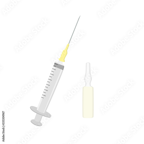Disposable syringe with needle and ampoule with serum. Bubble with yellow liquid. Isolated vector EPS10.