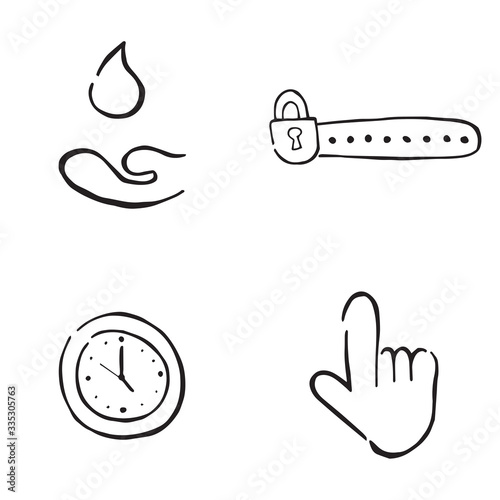Hand drawn doodle icon objects. Water drop and hand, locked password, clock time and hand cursor. Black outlines, white.
