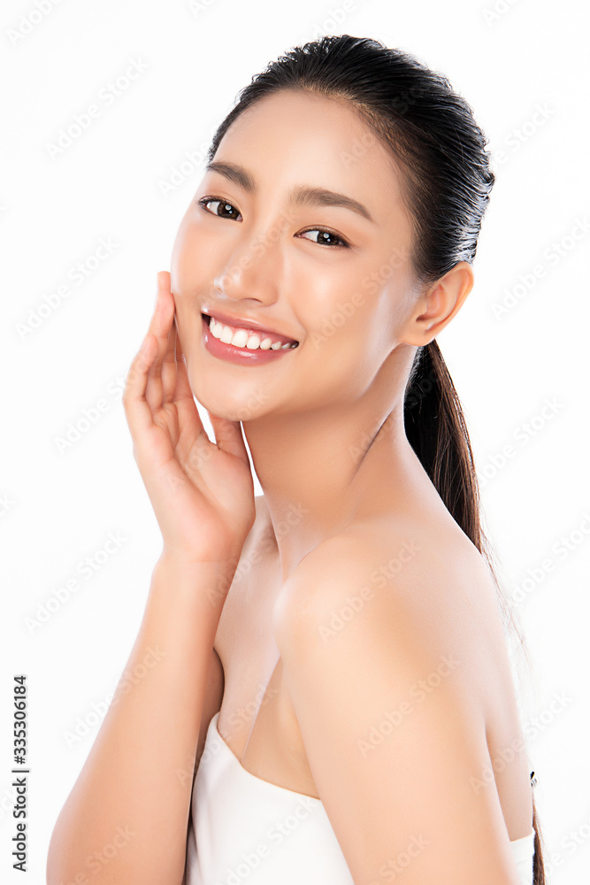 Beautiful Young Asian Woman with Clean Fresh Skin. Face care, Facial treatment, Cosmetology, beauty and healthy skin and cosmetic concept, woman beauty skin isolated on white background Beautiful Young Asian Woman with Clean Fresh Skin. Face care, Facial treatment, Cosmetology, beauty and healthy skin and cosmetic concept, woman beauty skin isolated on white background