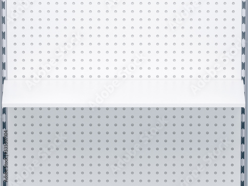 3D image. White grocery retail on shelving background design template for mock up. Design for display product object in supermarket
