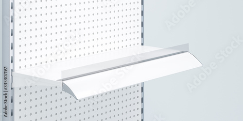 3D image side view. White grocery retail shelf with big huge shelf talker on shelving background design template for mock up. Design for display product object in supermarket