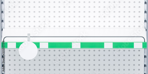 3D image front view. White grocery retail shelf with green shelf talker, round wobbler and shelf protection on shelving background design template for mock up.