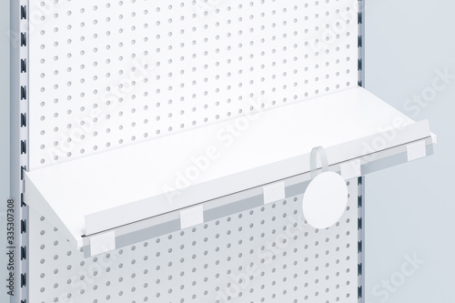 3D image side view. White grocery retail shelf with shelf talker, round wobbler and place for shelf stripe on shelving background design template for mock up.