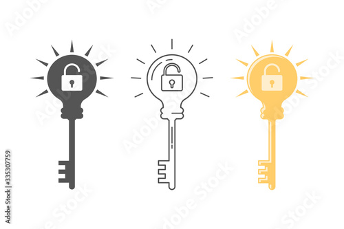 Concept of Key Idea. Light bulb, lock and key icon set. Flat style illustration. Isolated on white background. 