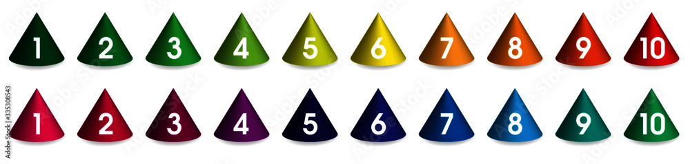 Collection de pictogrammes cônes numérotés de 1 à 10 colorés